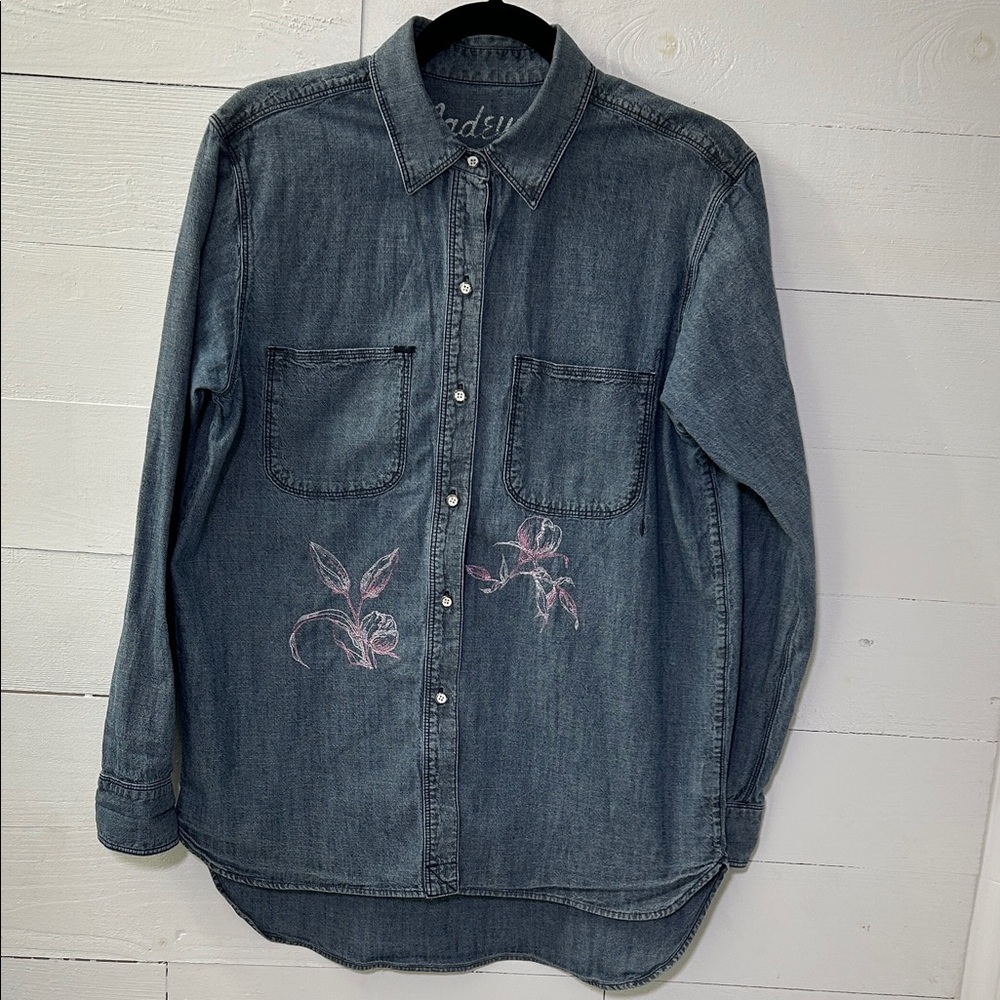 Madewell Chambray Denim Button-Up Shirt w/ Floral Embroidery on Front and Back
